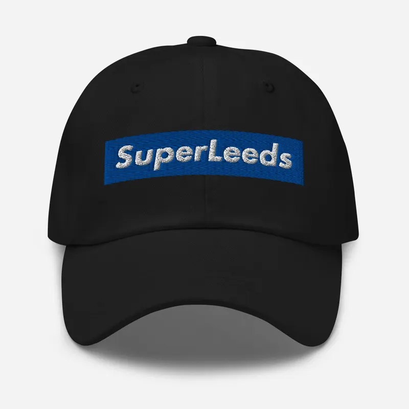 SuperLeeds embroidered black dad hat with blue and white block lettering